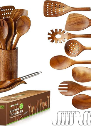 Wooden Spoons for Cooking with Utensils Holder, 10-Pieces Wooden Utensil Set Non-Stick, Natural Teak Cookware Wooden Cooking Spurtle Set, with Stainless Steel Handle