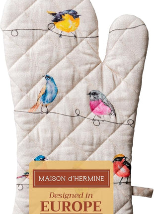 Maison d'Hermine Oven Gloves 100% Cotton Oven Mitt 7" x 13" with Loop Heat Resistant, BBQ, Cooking Gloves, Baking, Grilling, Kitchen, Handling Hot Pans Spring/Summer (Pack of 1, Birdies On Wire)