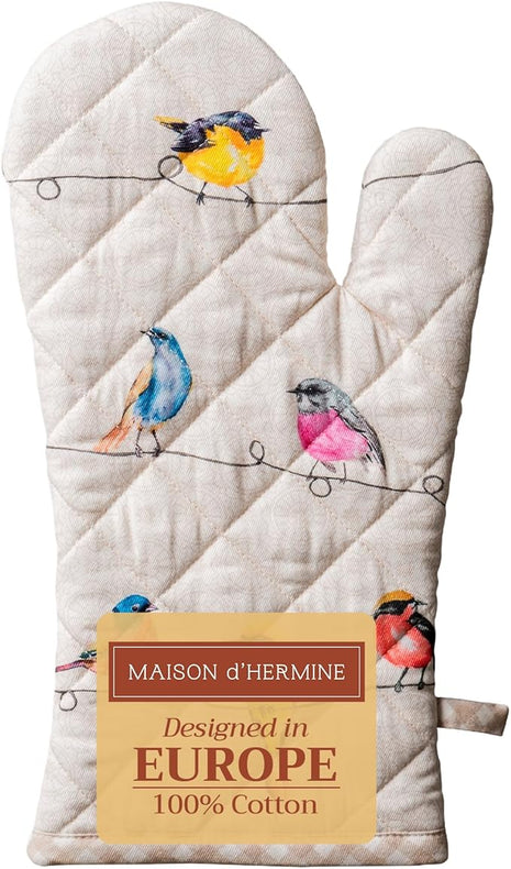 Maison d'Hermine Oven Gloves 100% Cotton Oven Mitt 7" x 13" with Loop Heat Resistant, BBQ, Cooking Gloves, Baking, Grilling, Kitchen, Handling Hot Pans Spring/Summer (Pack of 1, Birdies On Wire)