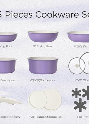 15Pcs Pots and Pans Set Non Stick, Cookware Sets with Detachable Handle, Nonstick RV Kitchen Cooking Tools Removable Handles, Oven Safe, Induction Fast, Stackable Induction Cookware, Purple