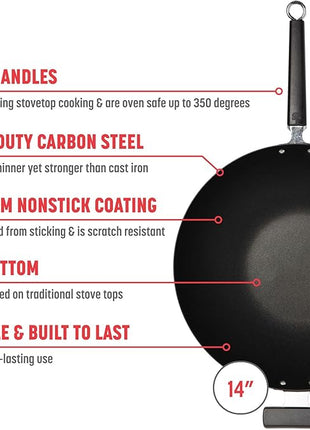 JOYCE CHEN Professional Series 14-Inch Carbon Steel Excalibur Nonstick Wok with Phenolic Handles