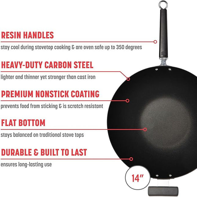 JOYCE CHEN Professional Series 14-Inch Carbon Steel Excalibur Nonstick Wok with Phenolic Handles