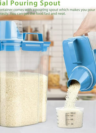 Rice Airtight Storage Container, 3 to 5Lbs Cereal Dry Food Flour Bin, Pet Dog Cat Food Dispenser with Measuring Cup, BPA Free Clear Plastic Kitchen and Pantry Organization Bin for Sugar, Pasta