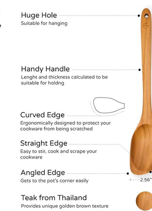 FAAY Teak Wooden Utensils, Healthy Spoon and Spatula Handcraft from High Moist-Resistance Teakwood for Non Stick Cookware (Corner Spoon - Right Hand)