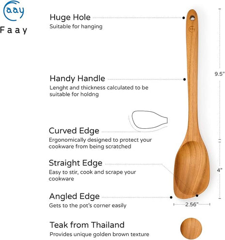 FAAY Teak Wooden Utensils, Healthy Spoon and Spatula Handcraft from High Moist-Resistance Teakwood for Non Stick Cookware (Corner Spoon - Right Hand)
