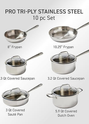 T-Fal Pro Tri-Ply Stainless Steel Cookware Set, 10 Piece-Induction Compatible, Oven Safe 500F, Lids-350F, Even Heat, Professional Quality, Durable, Induction Pots and Pans Set, Silver
