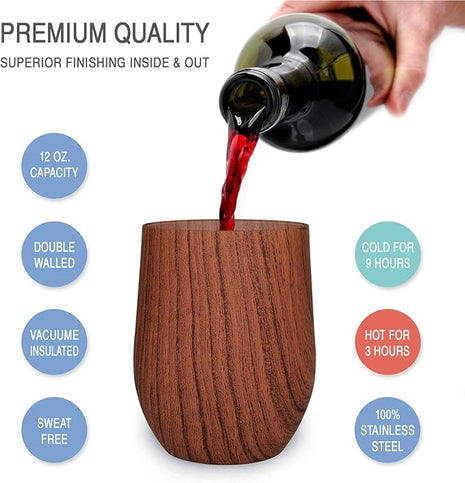 CHILLOUT LIFE 12 oz Stainless Steel Wine Tumblers 2 Pack - Double Wall Vacuum Insulated Wine Glasses Cups with Lids and Straws Set Keeping Cold & Hot for Coffee, Beer, Ice Cream - Wood Pattern