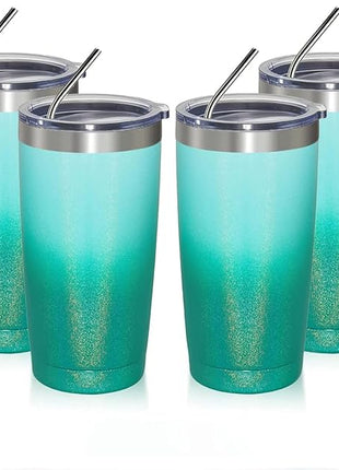 MEWAY 20oz Tumbler 4 Pack Double Wall Vacuum Insulated Travel Glitter Mug Bulk, Stainless Steel Tumblers with Lid and Straw, Powder Coated Coffee Cups for Woman(Gradient Green,Set of 4)
