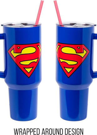Silver Buffalo DC Comics Superman Logo Stainless Steel Tumbler with Handle and Straw, Fits in Standard Cup Holder, 40 Ounces