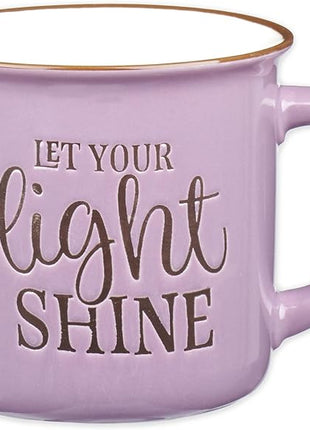 Christian Art Gifts Lavender Camp Style Ceramic Coffee Mug – 13 oz. Microwave & Dishwasher Safe Inspirational Scripture Coffee & Tea Mug for Women with Bible Verse: Let Your Light Shine – Matthew 5:16