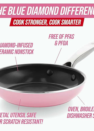 Blue Diamond 8" Nonstick Frying Pan Skillet, Ceramic Diamond Infused PFAS-Free, Dishwasher & Oven Safe, Stay Cool Handle, Durable Non Toxic Metal Utensil Safe, Egg & Omelet Pan, Pink