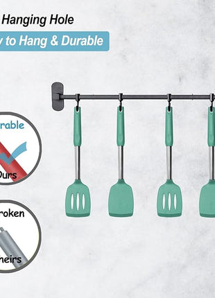 2 Pack Spatulas, Solid & Slotted Silicone Spatula Set, Stainless Steel Handle Coated with Silicone, Non Stick Turners, Heat Resistant Rubber Spatulas for Fish, Eggs, Pancakes, WOK, Teal