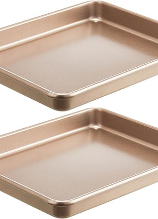 HONGBAKE 2 Pack 11 x 9 Inch Toaster Oven Pans and Trays, Small Baking Sheet Set for Cooking, Non-Stick Cookie Sheets, Heavy-Duty 0.8mm Thick, Easy to Clean, 1.26 Inch Deep, Gold