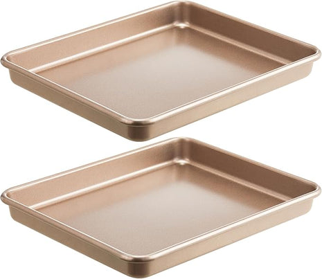 HONGBAKE 2 Pack 11 x 9 Inch Toaster Oven Pans and Trays, Small Baking Sheet Set for Cooking, Non-Stick Cookie Sheets, Heavy-Duty 0.8mm Thick, Easy to Clean, 1.26 Inch Deep, Gold