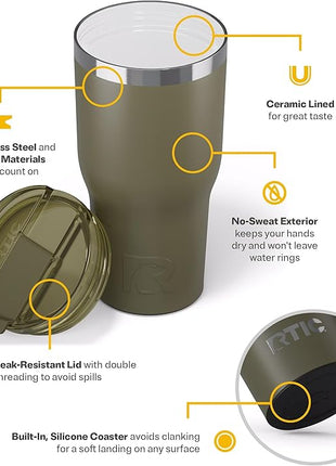 RTIC 30oz Essential Tumbler with Lid, Ceramic Lined, Insulated, Stainless Steel, Metal, Double Wall Vacuum-Insulation, Travel Cup for Iced Coffee, Tea, Hot and Cold Drink, Olive