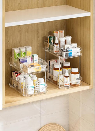 Delamu 2-Tier Under Sink Organizers and Storage, Multi-Purpose Stackable Bathroom Cabinet Organizers, Pull Out Kitchen Pantry Organization and Storage with Dividers(3 Pack, Clear)