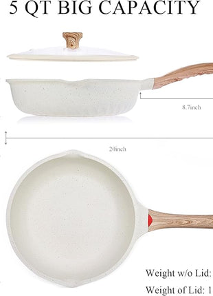 Vinchef Nonstick Deep Frying Pan, Saute Pan with Lid, 11"/5Qt, German 3C+ Ceramic Coating, Induction Compatible, White Color, Cookware for Kitchen