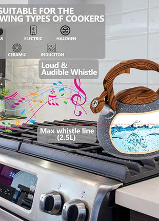 Tea Kettle, 3.2 Quart Whistling Tea Kettle Stovetop, Tea Pots for Stove Top Food Grade Stainless Steel with Wood Pattern Handle, Grey Teapot
