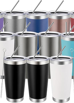 MEWAY 20oz Tumbler 12 Pack Double Wall Vacuum Insulated Travel Mug Bulk, Mix Color Stainless Steel Tumblers with Lid and Straw, Durable Powder Coated Coffee Cups for Cold & Hot Drinks（Color Mix, 12