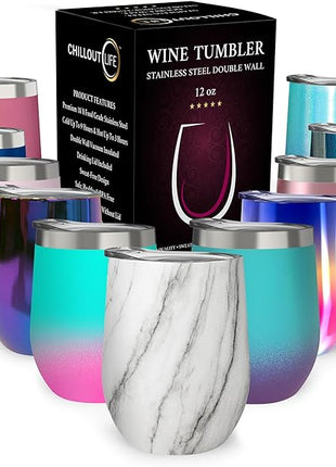 CHILLOUT LIFE 12 oz Stainless Steel Wine Tumbler with Lid - Double Wall Vacuum Insulated Wine Cup Glass Keeping Cold & Hot for Coffee, Champagne, Cocktails, Ice Cream