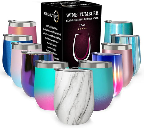 CHILLOUT LIFE 12 oz Stainless Steel Wine Tumbler with Lid - Double Wall Vacuum Insulated Wine Cup Glass Keeping Cold & Hot for Coffee, Champagne, Cocktails, Ice Cream