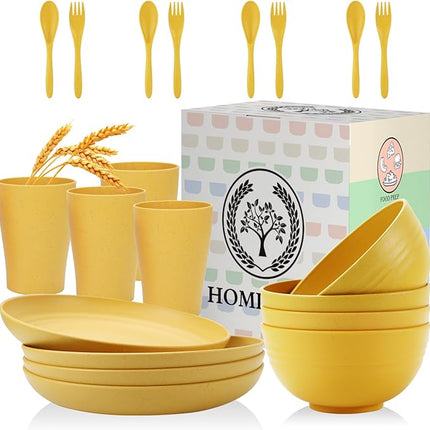 Wheat Straw Dinnerware Sets, Homienly 20pcs Unbreakable Microwave Dishwasher Safe Tableware Lightweight Bowls, Cups, Plates Set Reusable Dinner Plates Bowls set (Yellow)