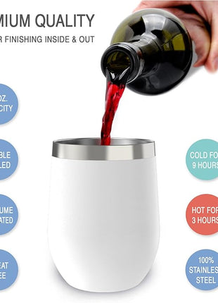 CHILLOUT LIFE 12 oz Stainless Steel Wine Tumbler with Lid - Double Wall Vacuum Insulated Wine Cup Glass Keeping Cold & Hot for Coffee, Champagne, Cocktails, Ice Cream - Powder Coated White