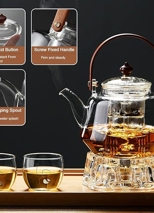 40oz Glass Teapot with Anti-Drip Spout, Peach Wood Handle and Lid, Heat-Resistant Borosilicate Glass, Dual Infusers for Steaming and Boiling