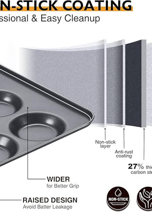 HONGBAKE Mini Muffin Top Pan for Baking, Premium 12 Cavity Small Whoopie Pie Pan, Nonstick Yorkshire Pudding Pan for Pansuffin, Moon Pie, Cookies, Dishwasher Safe and Easy to Clean