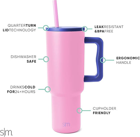 Simple Modern 40 oz Tumbler with Handle and Straw Lid | Insulated Reusable Stainless Steel Water Bottle Travel Mug Cupholder Use | Gifts for Women Men Him Her | Trek Collection | 40oz | Rose Plum