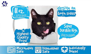 Thirsty Black Cat Coffee Mug - Ceramic Funny Coffee Mug - Perfect Cat Lover Gift - Cute Novelty Coffee Mug Present - Great Birthday or Christmas Surprise for Friend or Coworker, Men and Women (11oz)