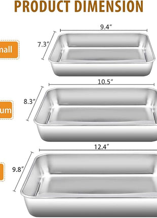 E-far Baking Pans Set of 3, Stainless Steel Sheet Cake Pan for Oven - 12.5/10.5/9.4Inch, Rectangle Bakeware Set for Cake Lasagna Brownie Casserole Cookie, Non-toxic & Healthy, Dishwasher Safe