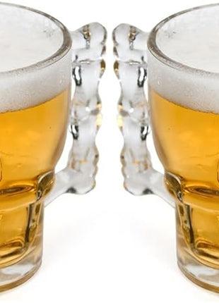 Circleware Skull Face Beer Mug Drinking Glasses with Handle, Set of 2, Heavy Base Funny Entertainment Glassware for Water, Juice and Halloween Decorations Beverage Gifts, 17.6 oz.