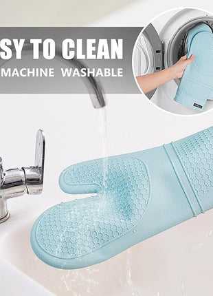 Rorecay 6pcs Oven Mitts and Pot Holders Sets, Extra Long Silicone Oven Gloves Heat Resistant 500 Degrees Non-Slip Potholders Hot Pads for Kitchen Baking Cooking, Quilted Liner, Winter Sky