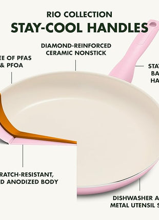 GreenPan Rio Healthy Ceramic Nonstick 8" Frying Pan Skillet and Silicone Spatula Set, Soft Grip Handle, Breaktfast Meal Set, PFAS-Free, Dishwasher Safe, Oven Safe, Pink