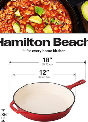 Hamilton Beach Enameled Cast Iron Fry Pan 12-Inch Red, Cream Enamel Coating, Skillet Pan for Stove Top and Oven