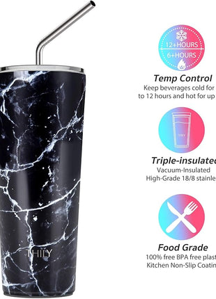THILY Stainless Steel Vacuum Insulated Tumbler 26 oz Triple-Insulated Travel Mug with Splash-Proof Lid, for Iced Coffee and Hot Beverage, White Marble + Black Marble