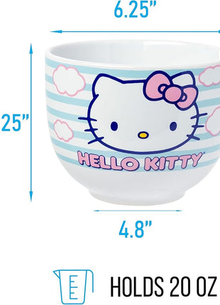 Silver Buffalo Sanrio Hello Kitty Blue and Pink Skies Ceramic Ramen Noodle Rice Bowl with Chopsticks, Microwave Safe, 20 Ounces