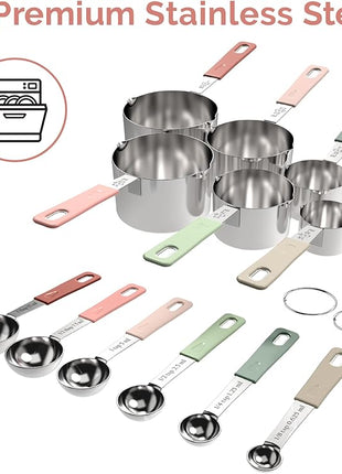 22-Piece Stainless Steel Measuring Cups and Spoons Set, Tad Dash Pinch Smidgen Drop Mini Measuring Spoons, Measuring Stick Leveler, Measurement Conversion Chart Fridge Magnet, (Country Chic)