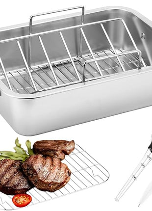 15 Inch Stainless Steel Roasting Pan with V-Shaped Rack and Turkey Baster - Rectangular Roaster for Turkey, Chicken, Vegetables - Fits 20lb Turkey
