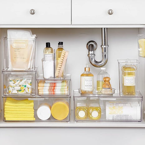 mDesign Plastic Pantry Organization and Storage Bin w/Pull Out Drawer - Shallow Stackable Kitchen Supplies Storage Container for Organizing Cabinet, Fridge, Freezer - Lumiere Collection - Clear