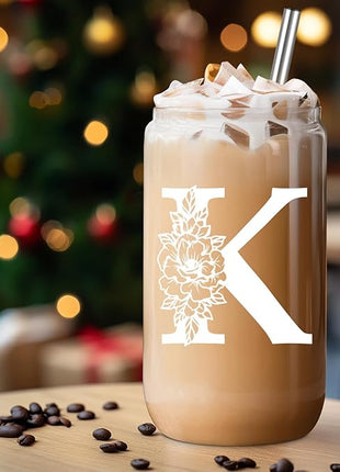 Coolife Initial Glass Cup, Monogrammed Gifts for Women, 16 oz Glass Cups w/Lids Straws, Iced Coffee Smoothie Beer Tumbler w/Straw Lid - Personalized Christmas, Birthday Gifts for Her Mom Friend Woman