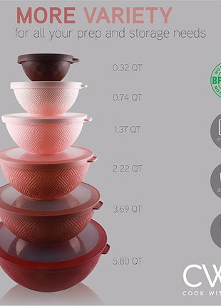 COOK WITH COLOR Mixing Bowls with Lids - 12 Piece Plastic Nesting Bowls Set includes 6 Prep Bowls and 6 Lids, Rhombus Design - Microwave Safe (Rose)