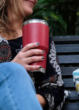 Stainless Steel Travel Mug with Handle 30 oz - 6 Piece Set. Tumbler with Handle, Straw, Cleaning Brush & 2 Lids. Double Wall Insulated Large Coffee Mug Bundle - Cherry Red Powder Coat Tumbler