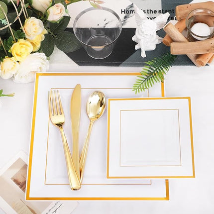 Festiva 176Pcs Gold Plates Disposable - Square Party Plates Dinnerware Sets - include Cups,Plastic Cutlery,Hand Napkins，Tablecloth for 25 Guests Party&Wedding&Christmas&Thanksgiving
