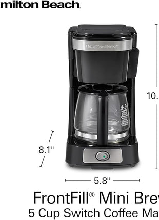 Hamilton Beach 5 Cup Drip Coffee Maker with Easy FrontFill Basket, Compact Design, Works with Smart Plugs, Glass Carafe, Auto Pause and Pour, Black & Stainless Steel (46112)