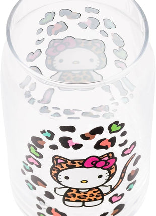 Silver Buffalo Sanrio Hello Kitty Leopard Print Glass Tumbler with Bamboo Lid and Glass Straw, 16 Ounces