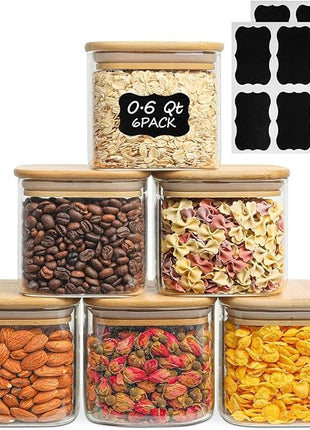 ComSaf 0.6 Qt Glass Food Storage Jars Set of 6, Clear Storage Containers with Airtight Lids, Pantry Organization Jar, Spice Jar, Blooming Tea, Coffee and Sugar Container, Canister Set for Kitchen