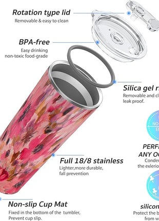 THILY Vacuum Insulated Stainless Steel Tumbler Travel Mug 26 oz Coffee Cup with 2 Lids and Straws, Splash Proof, Reusable, Keep Iced Drinks Cold, Watercolor Flower