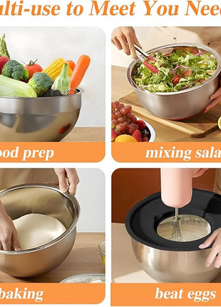 Mixing Bowls with Lids Set, 6 PCS Stainless Steel Mixing Bowls with 3 Grater Attachments, Kitchen Food Storage Organizers Nesting Mixing Bowl, Large Size 4.5, 3.5, 2.1, 1.5, 1.1, 0.7QT-Black